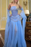Light Blue Vintage Fashion Exquisite Beading A-Line Off-the-shoulder Long Chiffon Ball Gown Evening Dress Party Dress HZ1023