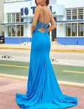 Blue spaghetti strap gorgeous exquisite beaded bodycon long satin high slit ball gown evening dress HZ1023