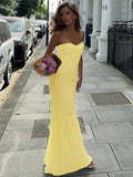 Yellow Fashion Tube Top Long Chiffon Elegant Ball Gown Evening Dress Wedding Guest Party Dress HZ1023