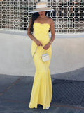 Yellow Fashion Tube Top Long Chiffon Elegant Ball Gown Evening Dress Wedding Guest Party Dress HZ1023