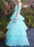 Blue fashion V-neck elegant A-line long floor-length tulle ball gown evening dress wedding guest party dress HZ1023