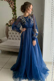 Grey/blue/green elegant delicate floral applique long sleeves maxi tulle ball gown evening dress party dress HZ1023