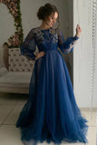 Grey/blue/green elegant delicate floral applique long sleeves maxi tulle ball gown evening dress party dress HZ1023