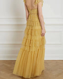 Yellow fashion unique ruffled V neck long floor length tulle ball gown evening dress HZ1023