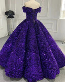 Shiny Purple Off Shoulder Sequined Long Prom Dress Evening Dress Sweet 16 Years Old Dress Graduation Dress Adult Ceremony Dress HZ1023