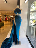 Blue sexy elegant fashion exquisite lace beading long velvet slit floor-length ball gown evening dress HZ1023
