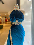 Blue sexy elegant fashion exquisite lace beading long velvet slit floor-length ball gown evening dress HZ1023