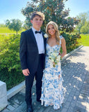 Blue floral elegant long formal evening gown sleeveless slit dress party dress HZ1023
