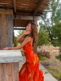 Orange Fashion Elegant Spaghetti Strap Long Ruffle Chiffon Ball Gown Evening Dress Party Dress Wedding Guest Dress HZ1023