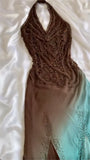Brown Blue Gradient Gorgeous Lightweight Exquisite Beading Spaghetti Strap Long Chiffon Ball Gown Evening Gown Party Dress HZ1023