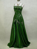 Green vintage elegant delicate floral beaded spaghetti straps long satin princess court style ball gown evening dress HZ1023