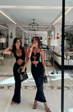 Black fashion unique gem sexy hollow long satin prom dress evening gown party dress HZ1023