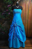 Blue gorgeous vintage exquisite beaded applique tube top long elegant satin ball gown evening dress HZ1023