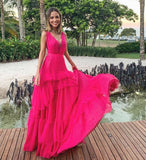 Pink Elegant Sexy V-neck Lace Spaghetti Straps Long Chiffon Ruffle Ball Gown Evening Dress Wedding Guest Party Dress HZ1023