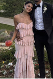 Pink Chiffon Ruffles Long Flowing Elegant Evening Dress Wedding Guest Party Dress Holiday Party Dress HZ1023