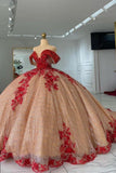 Red champagne gorgeous shiny applique long ball gown evening dress HZ1023