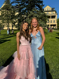 Pink sweet fashion V-neck elegant long tulle floor-length trailing ball gown evening dress prom dress HZ1023