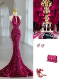 Pink Gorgeous Shiny Exquisite Beaded Halter Long Mermaid Slim Sequin Floor Length Ball Gown Evening Gown Party Dress HZ1023