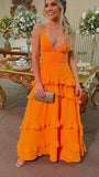 Orange Elegant Sexy V-neck Spaghetti Straps Long Chiffon Ruffles Ball Gown Evening Dress Party Dress HZ1023