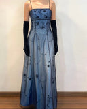 Blue Delicate Beaded Long Tulle Elegant Ball Gown Evening Dress Formal Birthday Party Dress Prom Dress HZ1023