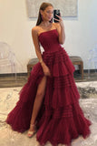 A-Line Strapless Tulle Long Prom Dress with Tiered Ruffles HZ1023