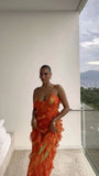 Orange Spaghetti Strap Sexy Ruffle Hem Mermaid Long Party Dress Wedding Guest Dress Ball Gown Irregular Bodycon Evening Dress HZ1023