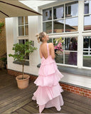 Pink Halter Fashion Halter Ruffled Tiered Ruffle Long Chiffon Tulle Ball Gown Evening Gown Party Dress HZ1023