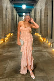 Pink Chiffon Ruffles Long Flowing Elegant Evening Dress Wedding Guest Party Dress Holiday Party Dress HZ1023