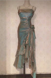 Blue shiny stylish elegant spaghetti straps long satin ball gown evening dress party dress HZ1023