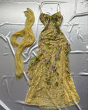 Yellow fashion elegant exquisite beaded spaghetti strap tulle long ruffled lace ball gown evening dress party dress prom dress HZ1023