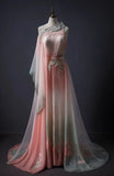 Pink gorgeous retro gradient fashion one shoulder elegant floral applique A-line long tulle floor-length evening dress prom dress HZ1023