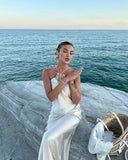 White slim strap mermaid long satin evening gown ball gown prom dress HZ1023