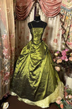 Green shiny vintage exquisite beaded long elegant satin ball gown evening dress HZ1023