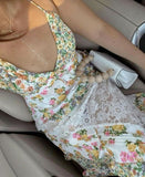 Beige light color floral spaghetti strap backless V-neck long fashionable and elegant lace prom dress evening dress party dress HZ1023