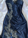 Blue gorgeous exquisite applique lace spaghetti straps long satin prom dress evening dress party dress HZ1023