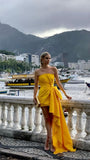 Yellow fashion tube top pleated long and short prom dress evening dress party dress HZ1023