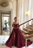 Burgundy shiny sexy Sequins elegant sweetheart neckline Long slit ball gown evening dress with gloves HZ1023