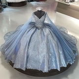 Blue gorgeous shiny sequins small V-neck long ball gown evening gown graduation gown HZ1023