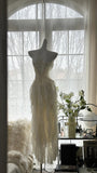 Ivory White Romantic Elegant Exquisite Beaded Backless Long Chiffon Ruffle Homecoming Dress Prom Dress Evening Dress Birthday Holiday Party Dress HZ1023