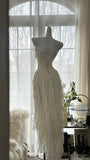 Ivory White Romantic Elegant Exquisite Beaded Backless Long Chiffon Ruffle Homecoming Dress Prom Dress Evening Dress Birthday Holiday Party Dress HZ1023