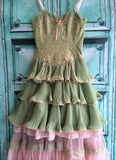 Green pink sweet spaghetti strap layered long lace tulle ball gown evening dress coming of age ceremony dress HZ1023