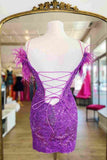 Blue/purple/black/red/white shiny elegant delicate floral beaded lace off-shoulder feather short mini homecoming dress evening gown party dress HZ1023