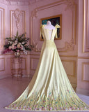 Yellow gorgeous exquisite wide straps floral long floor length train satin formal custom ball gown evening dress HZ1023