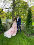 Pink sweet fashion V-neck elegant long tulle floor-length trailing ball gown evening dress prom dress HZ1023