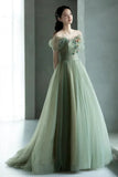 Green beautiful charming floral applique tulle long formal prom dress, evening dress, party dress HZ1023
