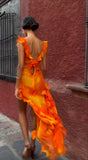 Orange Fashion Gradient Spaghetti Strap Long Ruffle Elegant Chiffon Ball Gown prom dress Evening Dress Holiday Party Dress HZ1023
