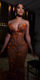 Orange Luxury Shiny Beaded V Neck Sexy Elegant Mermaid Slim Fit Long Floor Length Train Ball Gown Evening Gown Party Dress Prom Dress HZ1023
