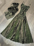 Green Vintage Fashion Gorgeous Pretty Charming Elegant Delicate Floral Beaded lace Spaghetti Straps Long Satin Ball Gown Evening Gown Party Dress Prom Gown HZ1023