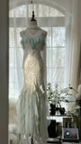 Green white gorgeous beautiful charming spaghetti straps beaded ruffles mermaid long slim lace tulle ball gown fashion evening dress party dress prom dress HZ1023