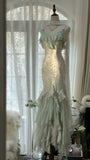 Green white gorgeous beautiful charming spaghetti straps beaded ruffles mermaid long slim lace tulle ball gown fashion evening dress party dress prom dress HZ1023